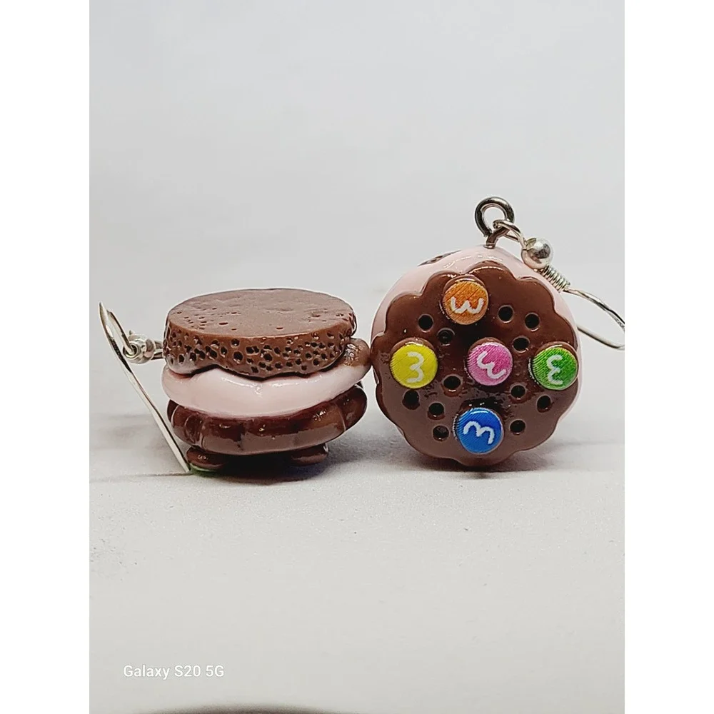 Handmade Chocolate Candy Cookie Sandwich Drop Earrings Pink Cream Resin Food